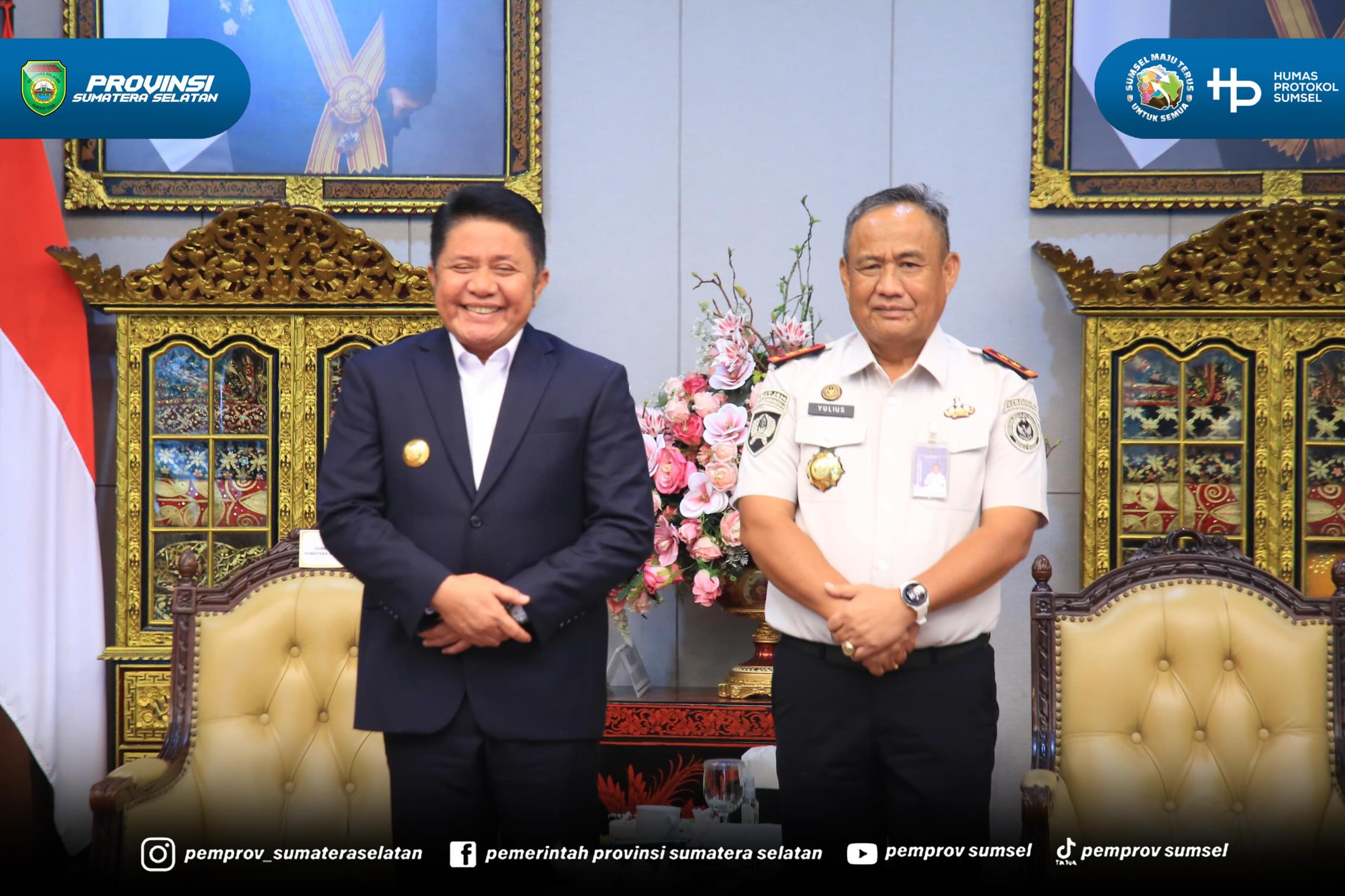 PALEMBANG – Gubernur Sumatera Selatan (Sumsel) H. Herman Deru menerima audiensi Kepala Kantor Wilayah Direktorat Jenderal Pemasyarakatan (Ditjenpas) Sumsel, Yulius Sahruzah, beserta jajaran di Griya Agung, Palembang, Senin (15/6/2026).