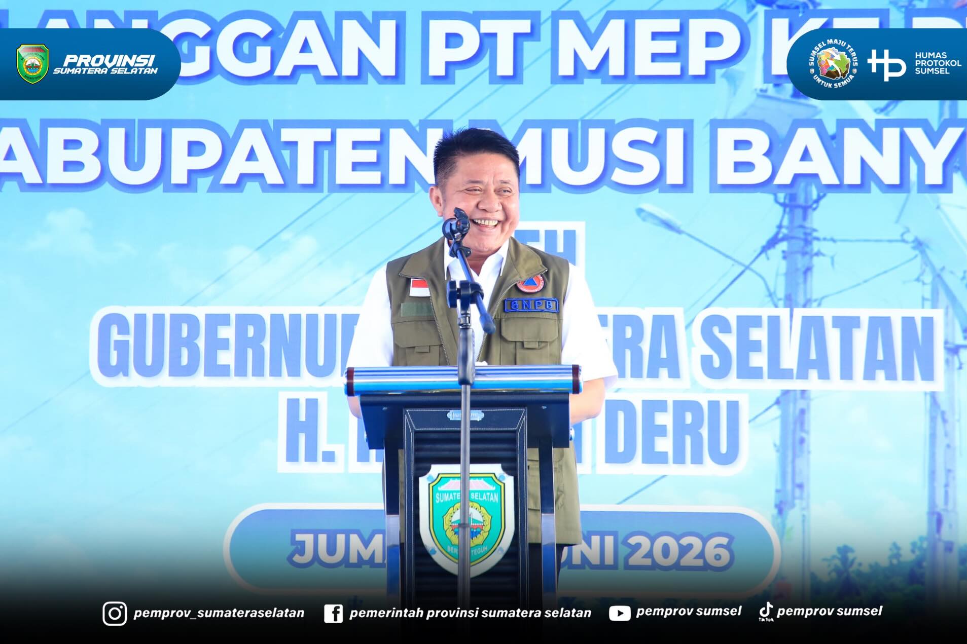 Musi Banyuasin – Gubernur Sumatera Selatan (Sumsel) Dr. H. Herman Deru meresmikan peralihan pelanggan PT Muba Electric Power (MEP) ke PT PLN (Persero) di Desa Air Putih Ulu, Kecamatan Plakat Tinggi, Kabupaten Musi Banyuasin (Muba), Jumat (19/6/2026).