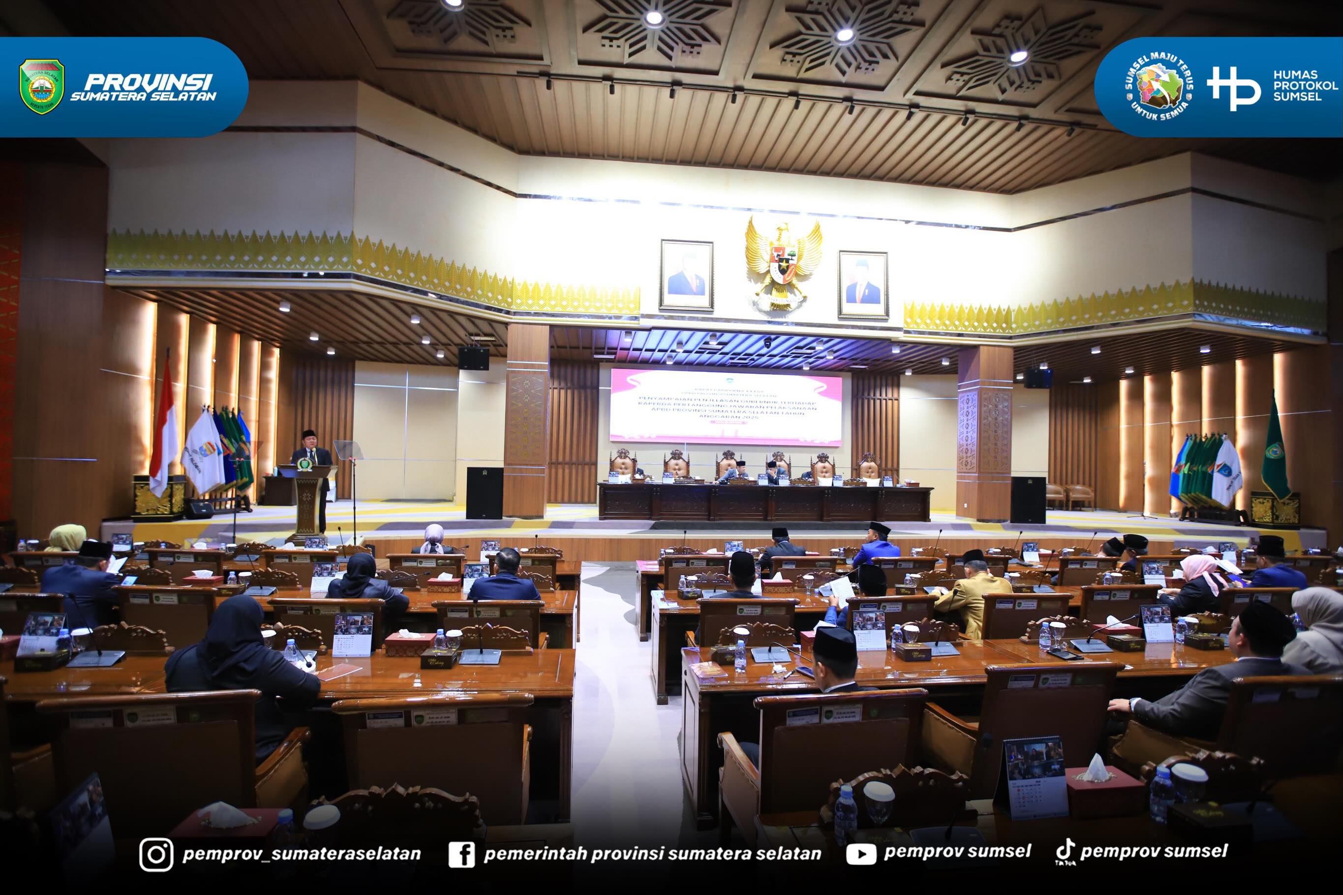 Palembang - Gubernur Sumsel Dr. H. Herman Deru menghadiri Rapat Paripurna XXXVII DPRD Provinsi Sumsel di Ruang Rapat Paripurna DPRD Provinsi Sumsel, Senin (22/6/2026) pagi. Gubernur HD hadir dengan agenda Penyampaian Penjelasan Gubernur Terhadap R...