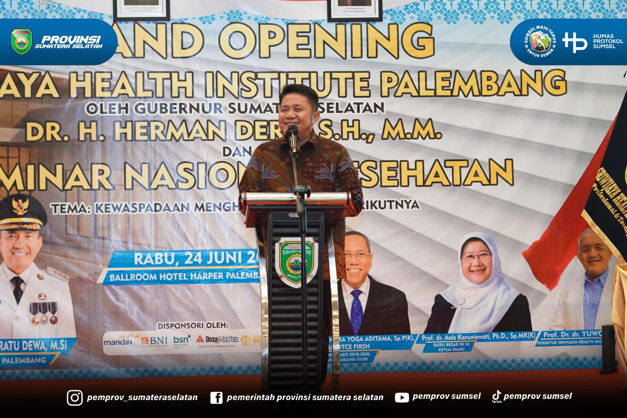 Palembang - Gubernur Sumatera Selatan (Sumsel) H. Herman Deru secara resmi membuka Grand Opening dan Seminar Nasional Sriwijaya Health Institute (SHI) di Ballroom Hotel Harper Palembang, Rabu (24/6/2026). Kehadiran lembaga pendidikan dan pelatihan...