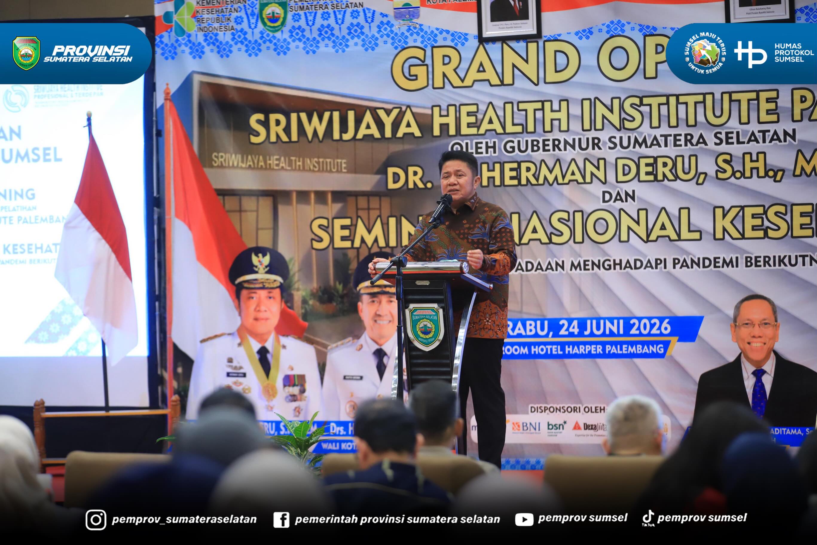 Palembang - Gubernur Sumatera Selatan (Sumsel) H. Herman Deru secara resmi membuka Grand Opening dan Seminar Nasional Sriwijaya Health Institute (SHI) di Ballroom Hotel Harper Palembang, Rabu (24/6/2026). Kehadiran lembaga pendidikan dan pelatihan...