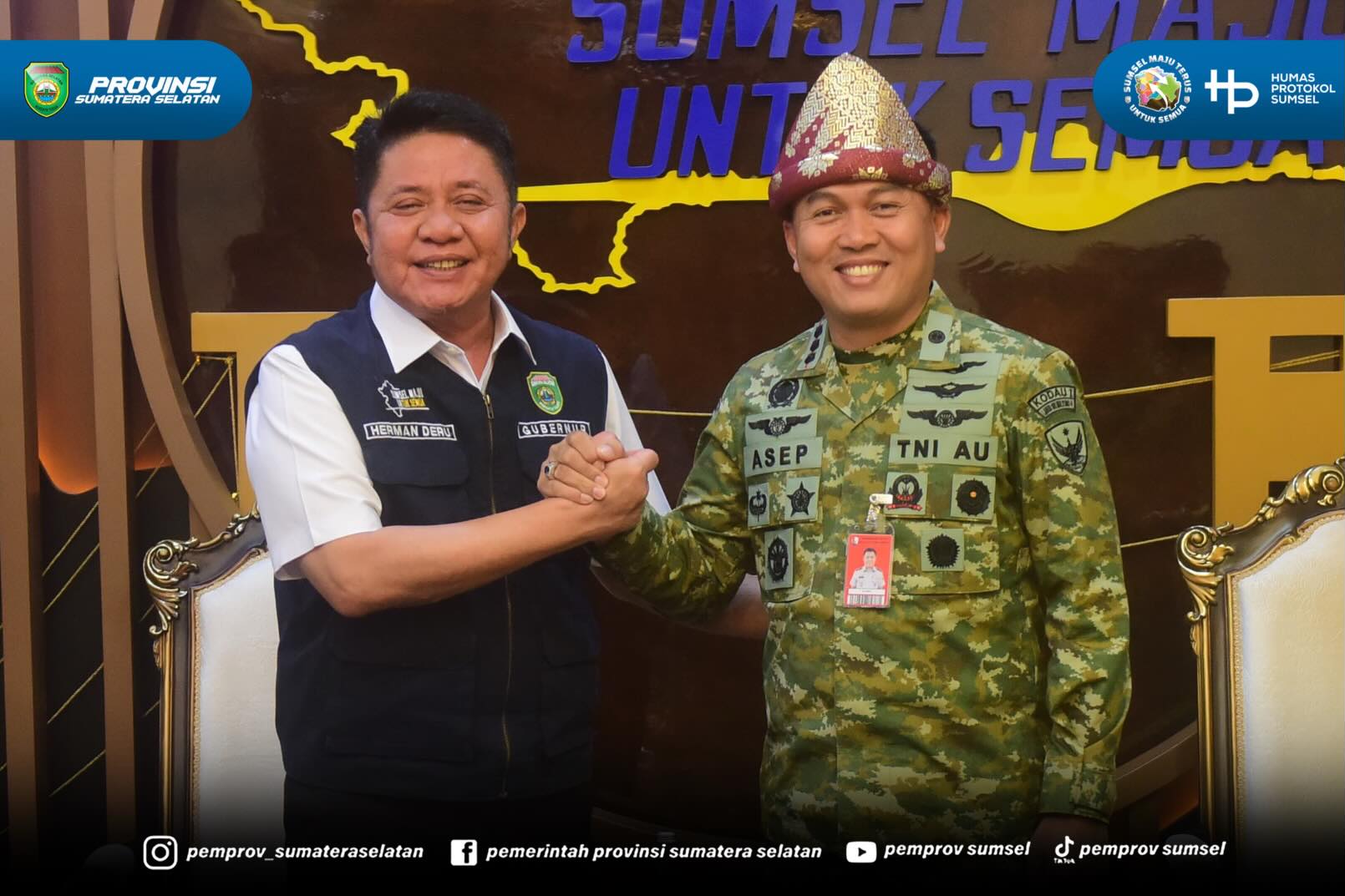 PALEMBANG – Gubernur Sumatera Selatan (Sumsel) Dr. H. Herman Deru menerima kunjungan silaturahmi sekaligus perkenalan Komandan Pangkalan TNI Angkatan Udara (Danlanud) Sri Mulyono Herlambang Palembang, Kolonel Penerbang (PnB) Asep Wahyu Wijaya, M.M...