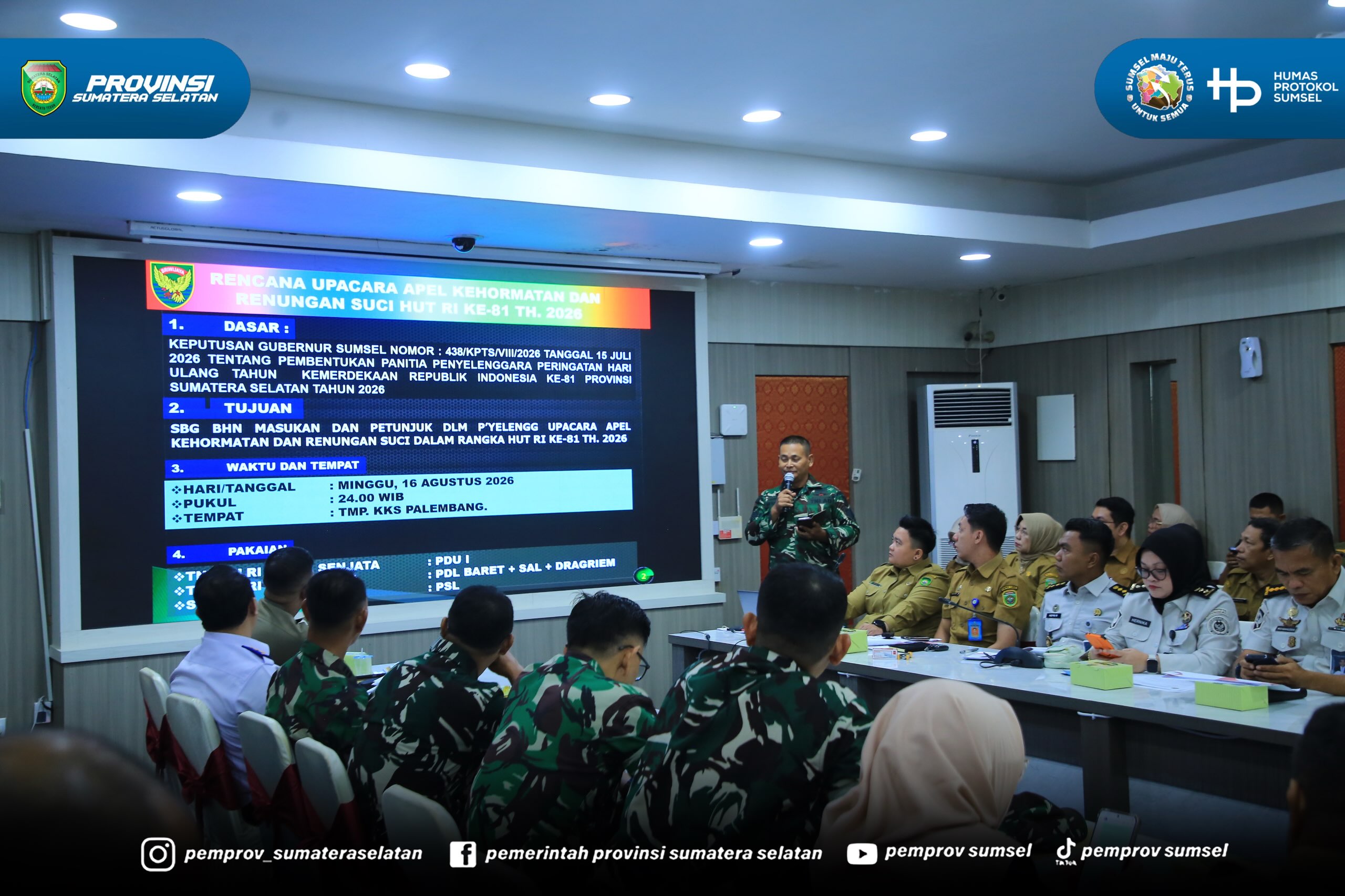Palembang. Sekretaris Daerah Provinsi Sumatera Selatan (Sumsel) H. Edward Candra memimpin rapat pemantapan persiapan Peringatan Hari Ulang Tahun (HUT) ke-81 Kemerdekaan Republik Indonesia Tahun 2026, bertempat di Ruang Rapat Binapraja, Senin (10/0...