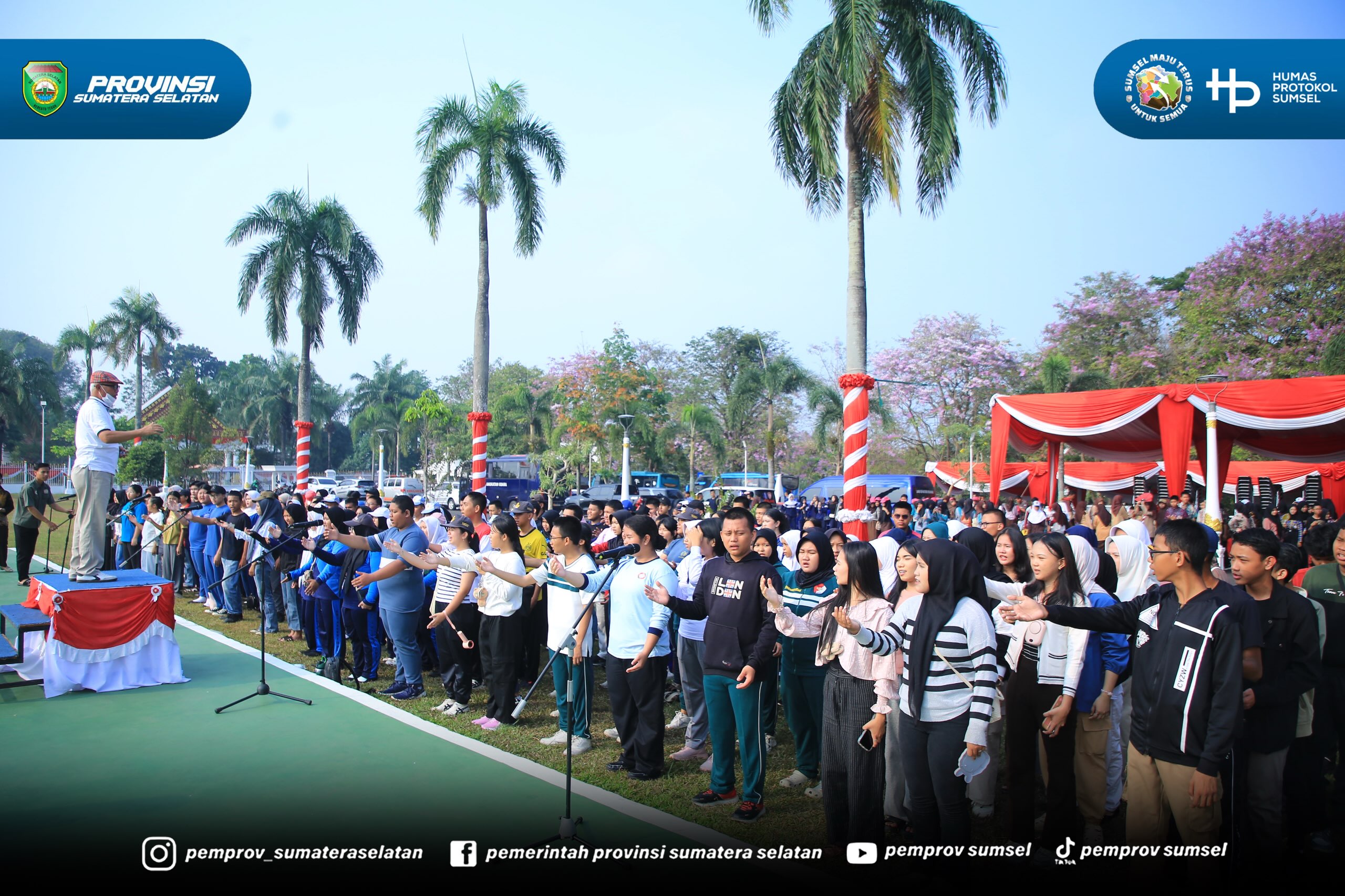 Sekretaris Daerah Pemerintah Provinsi Sumsel Dr. H. Edward Candra bertindak sebagai Inspektur Upacara dalam Gladi Resik Upacara Peringatan HUT Kemerdekaan RI ke 81 di Halaman Griya Agung Palembang, Sabtu (15/8/2026)