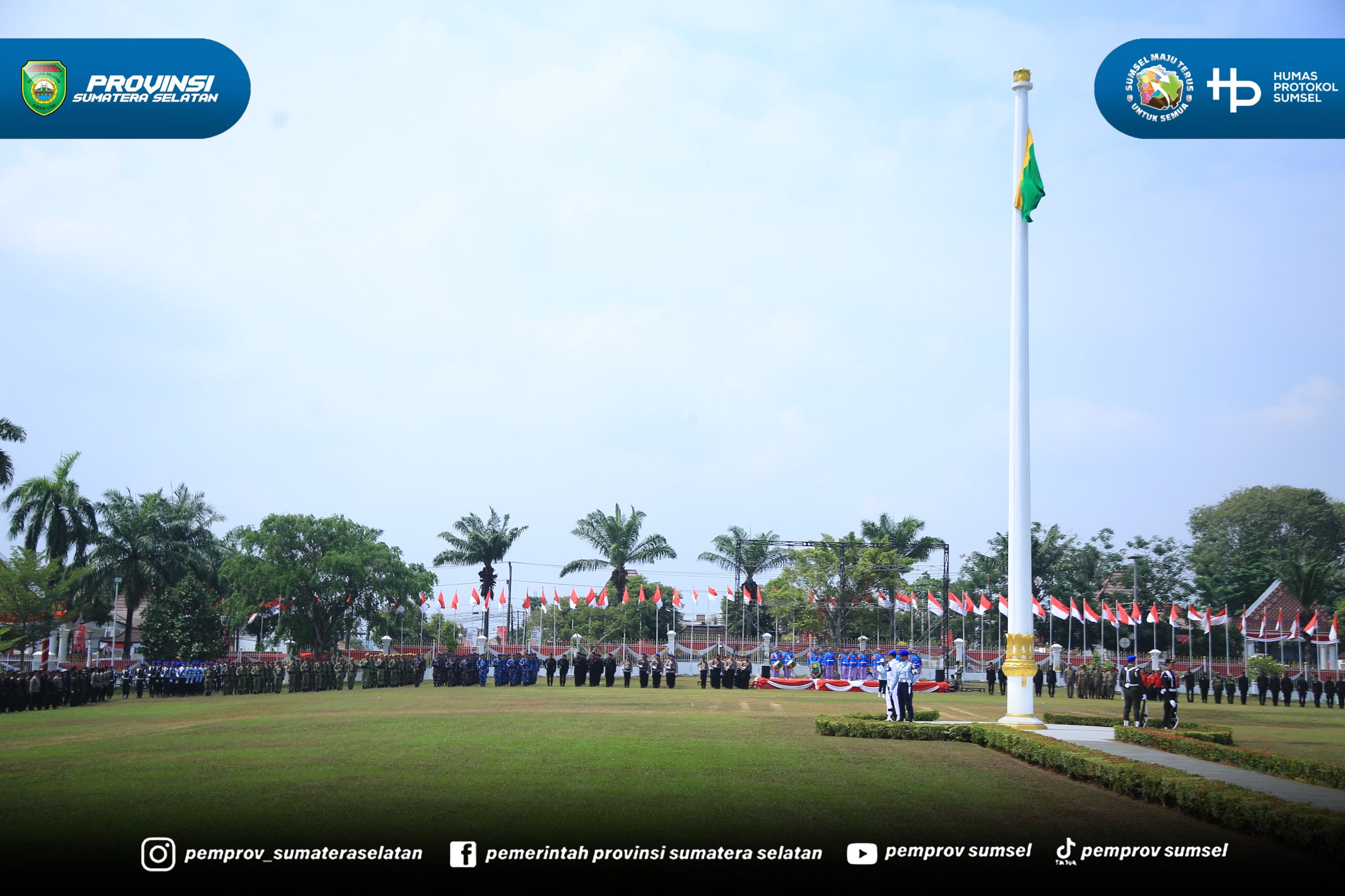 Sekretaris Daerah Pemerintah Provinsi Sumsel Dr. H. Edward Candra bertindak sebagai Inspektur Upacara dalam Gladi Resik Upacara Peringatan HUT Kemerdekaan RI ke 81 di Halaman Griya Agung Palembang, Sabtu (15/8/2026)