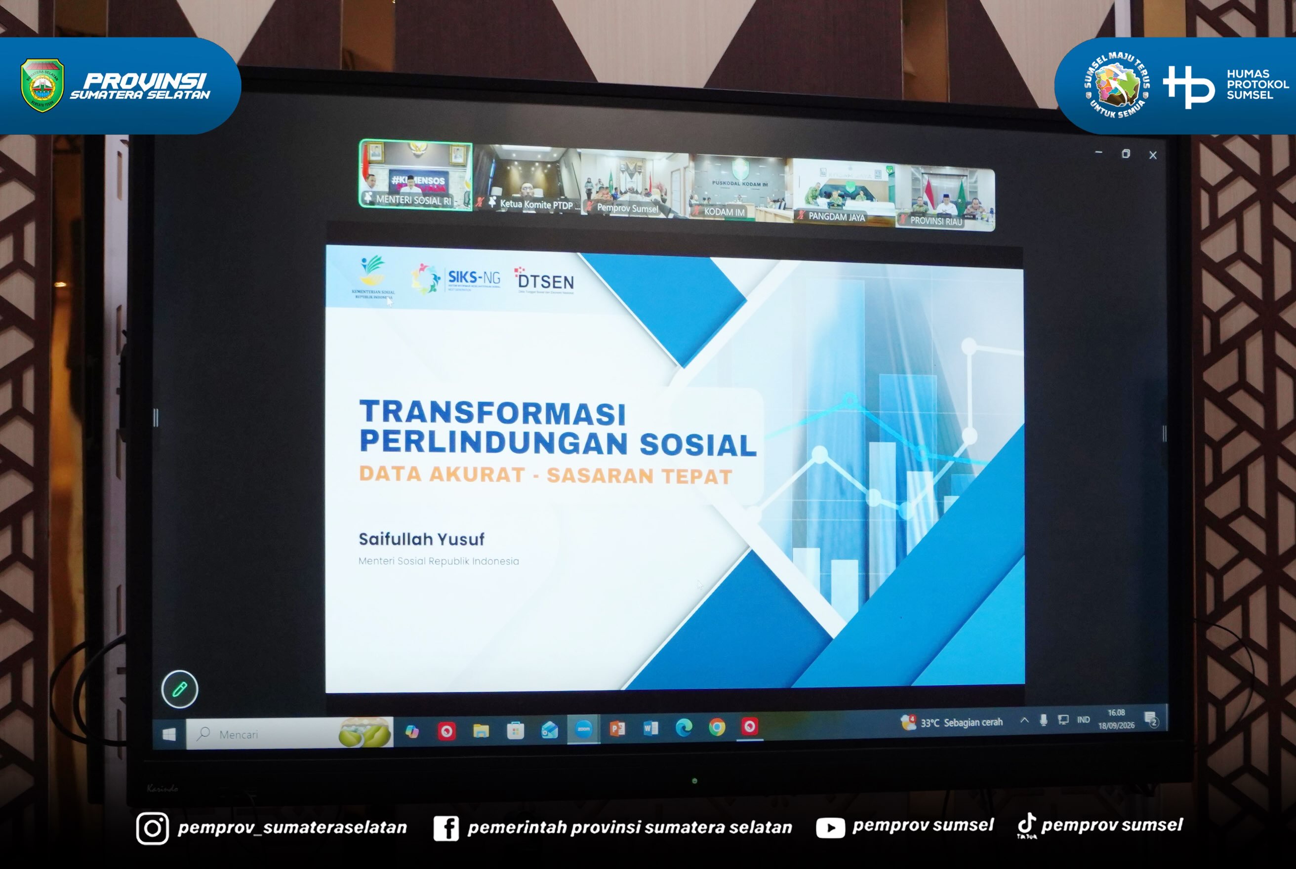 PALEMBANG – Sekretaris Daerah Provinsi Sumatera Selatan (Sekda Sumsel), Edward Candra menghadiri Rapat Koordinasi Pelaksanaan Perluasan Piloting Digitalisasi Perlindungan Sosial Tahun 2026 yang diselenggarakan Komite Percepatan Transformasi Digita...